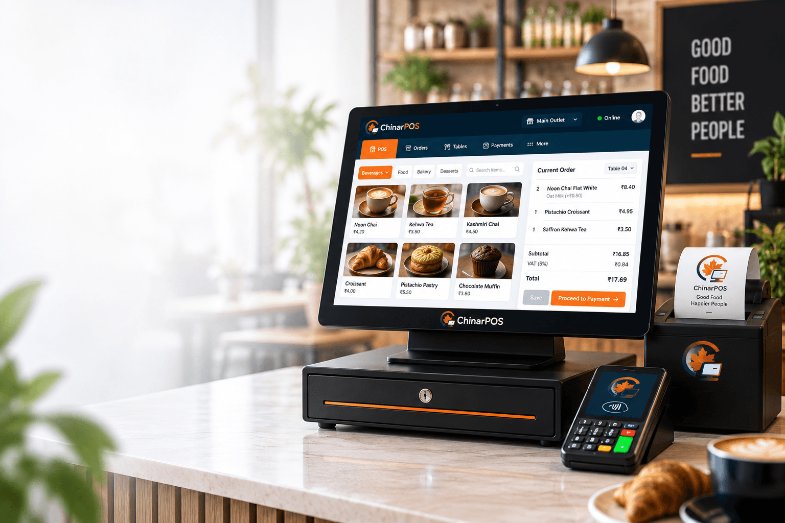 A ChinarPOS till screen on a café counter showing an order in progress, with a table number, items, a subtotal and a Proceed to Payment button